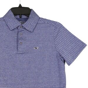 Vineyard Vines On-The-Go Sankaty Polo Boys M 12-14 Blue Striped Performance Golf